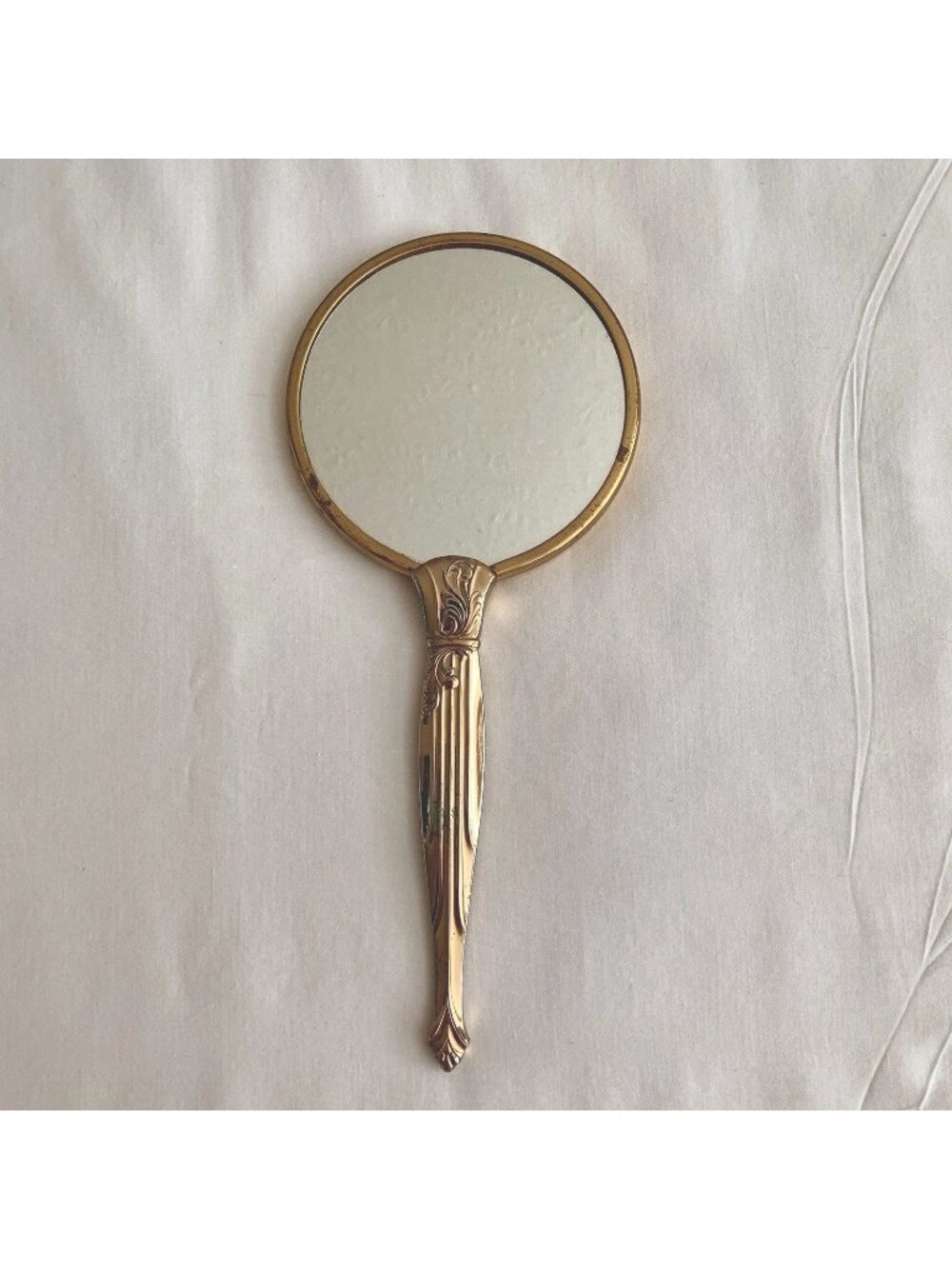 Vintage Round Deco Vanity Hand Mirror Brass Color MCM 9”